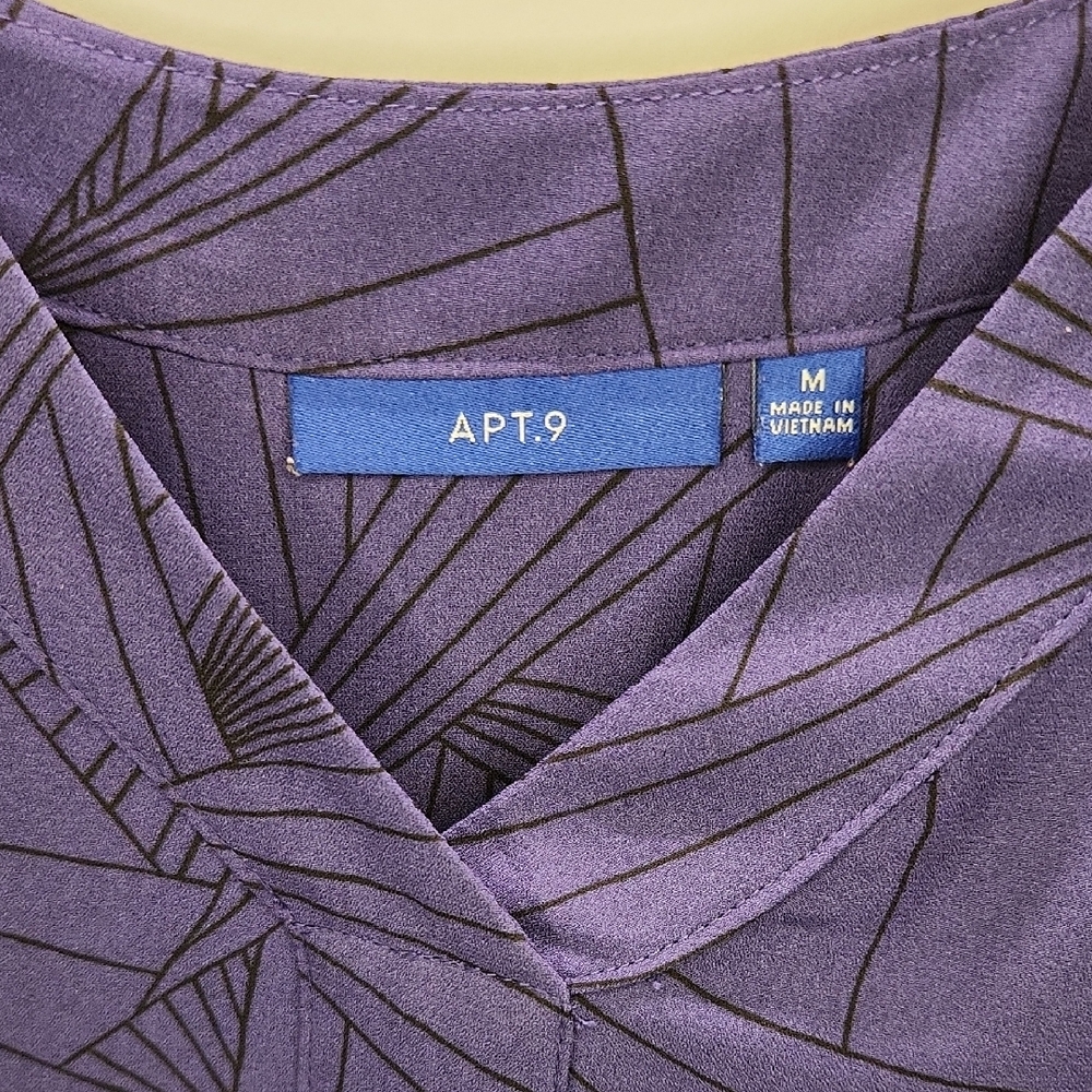 Apt. 9 - Purple, V Neckline, Geometric Pattern, Cuffed Sleeve Blouse - Picture 2 of 5
